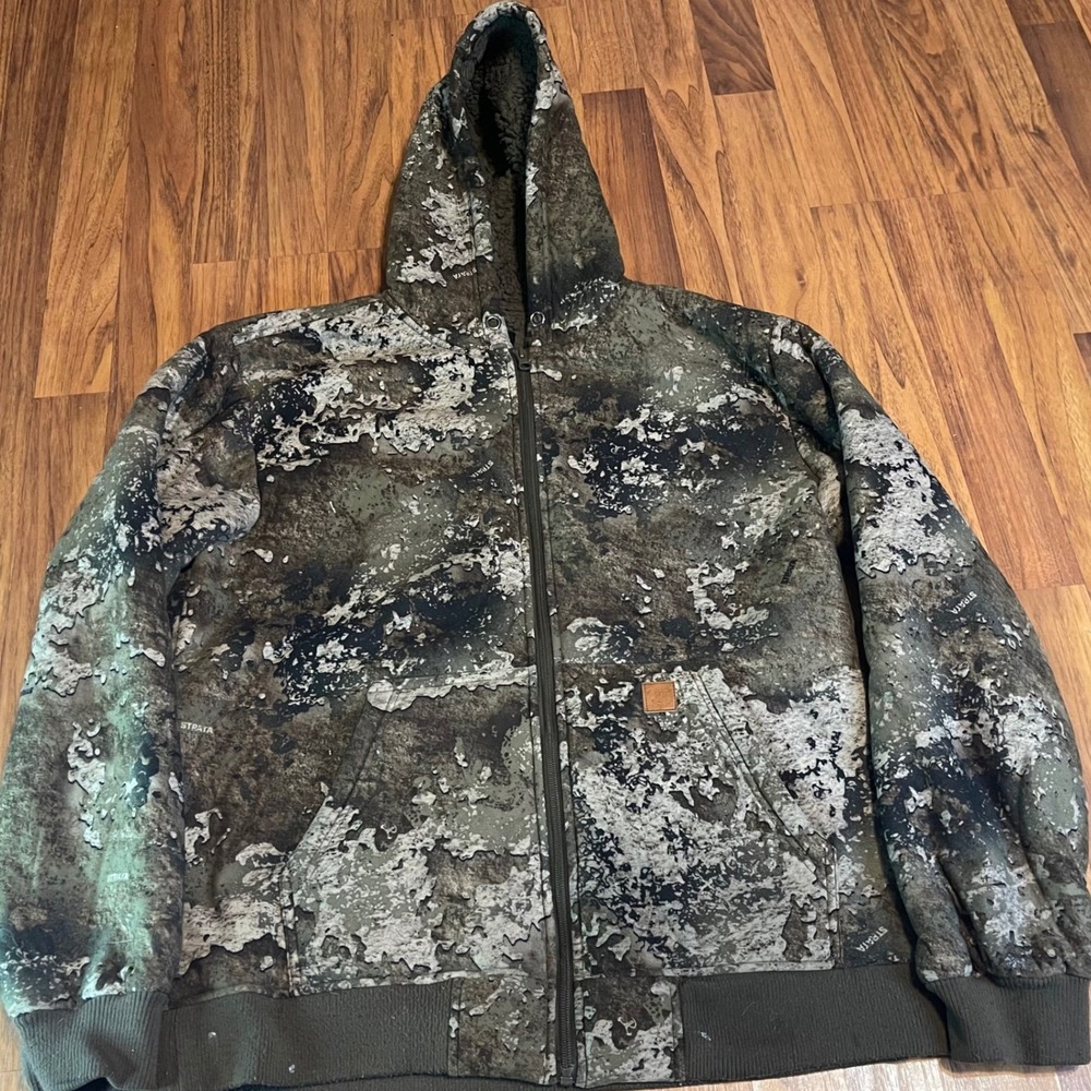TrueTimber Strata Camo Zip Up Hoodie Mens Medium Sherpa Lined Jacket Green Brown